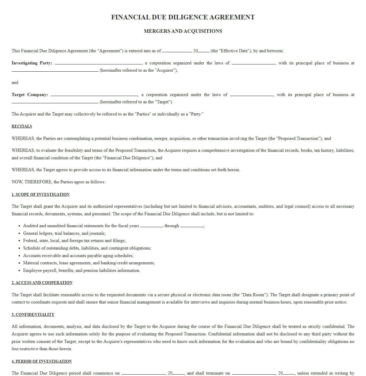 M&A Financial Records Investigation and Due Diligence Agreement