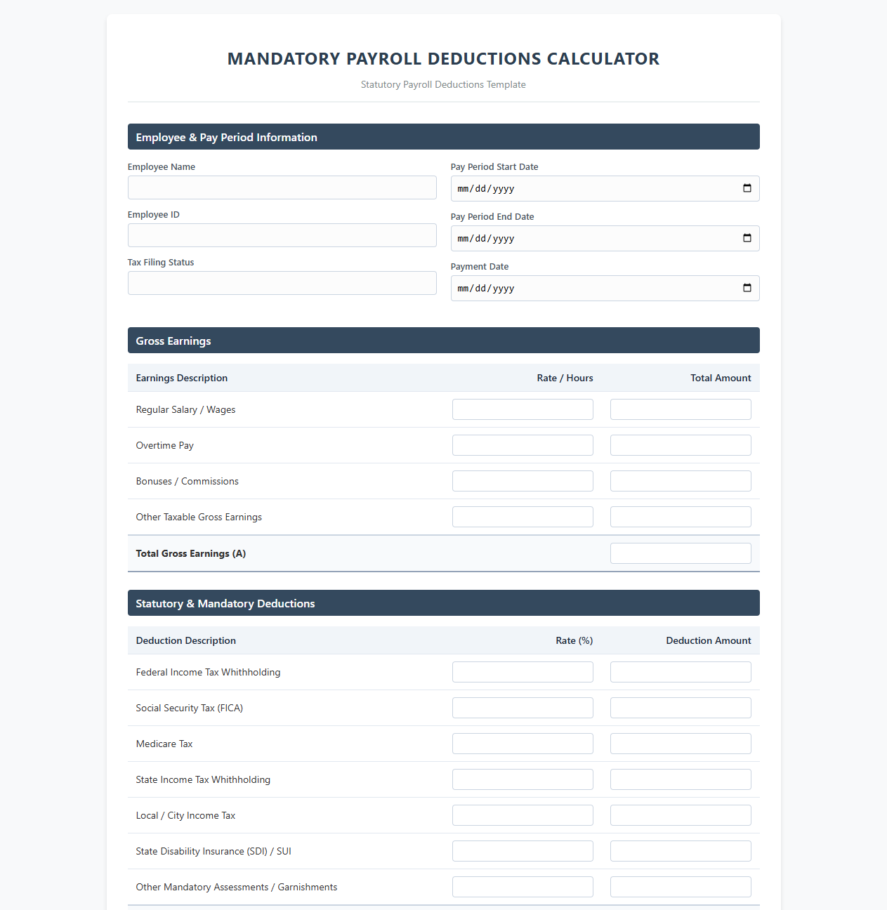 Mandatory Payroll Deductions Calculator Template