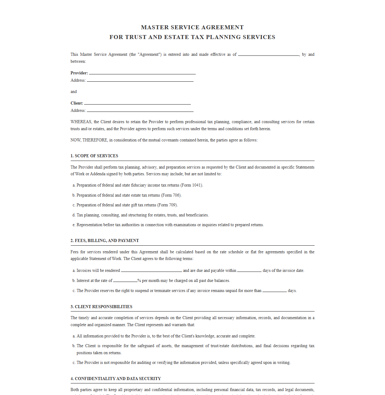 Master Service Agreement for Trust Estate Tax Planning