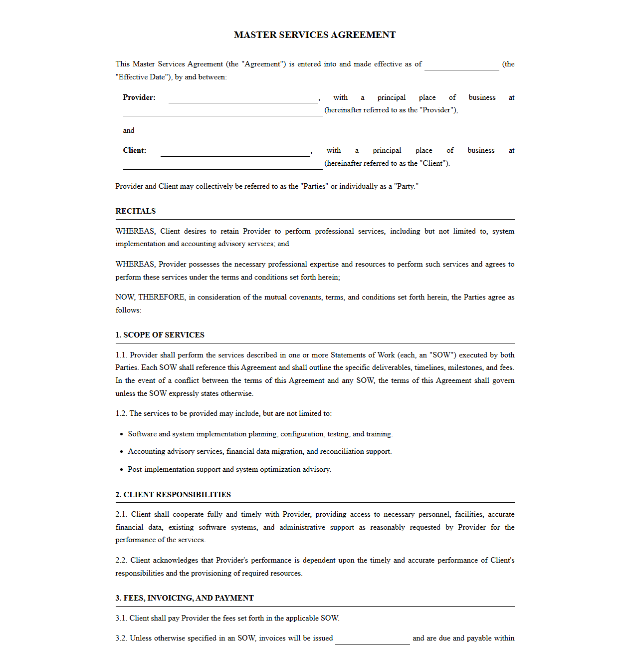 Master Services Agreement for System Implementation and Accounting