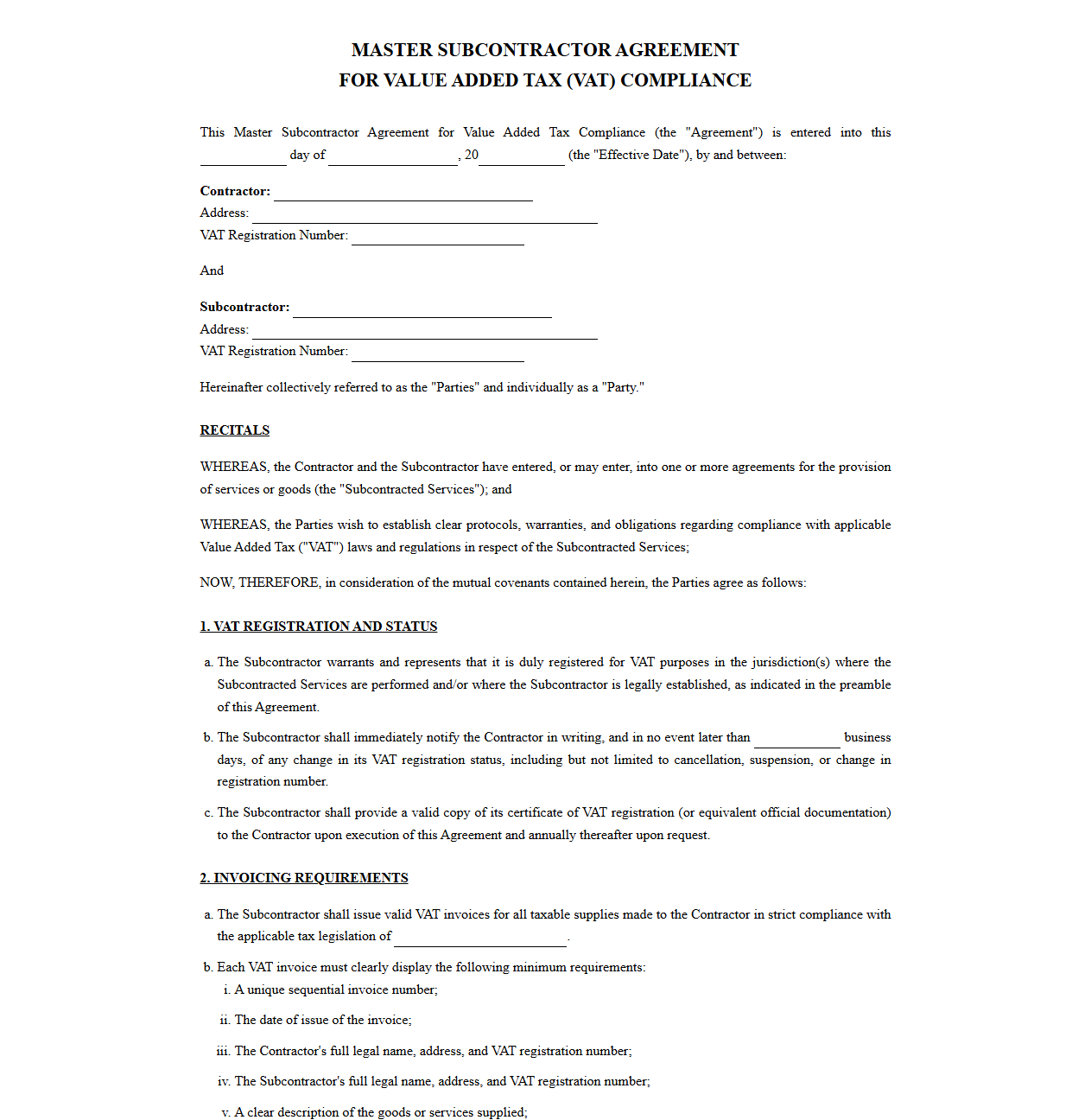 Master Subcontractor Agreement for Value Added Tax Compliance