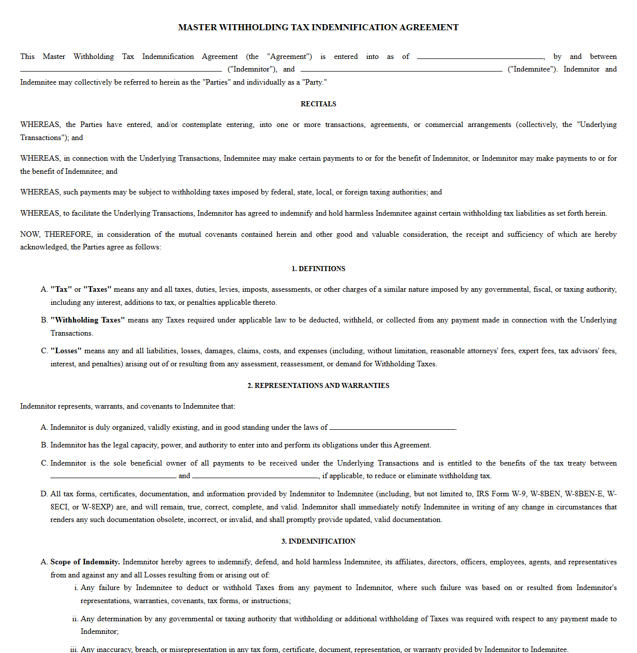 Master Withholding Tax Indemnification Agreement