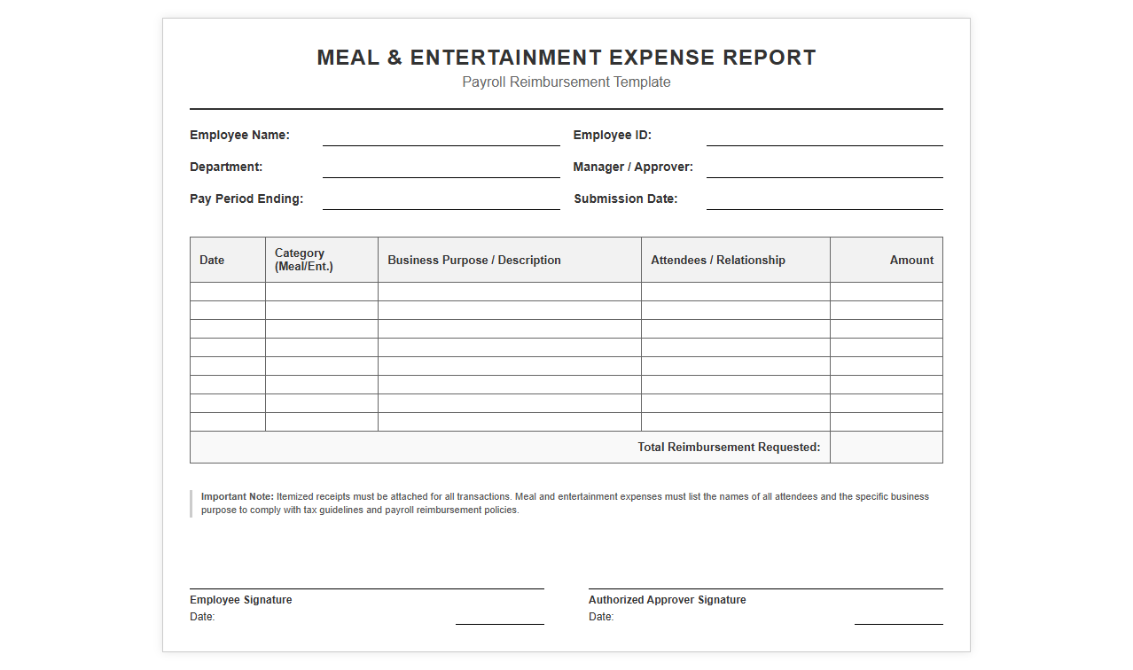 Meal and Entertainment Payroll Expense Report Template