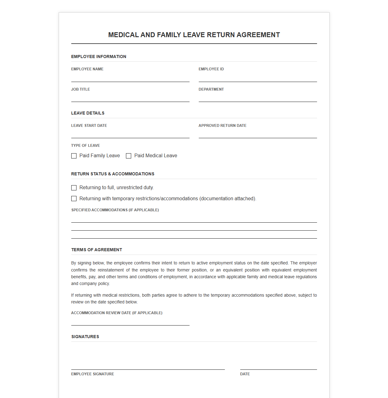 Medical and Family Leave Return Agreement