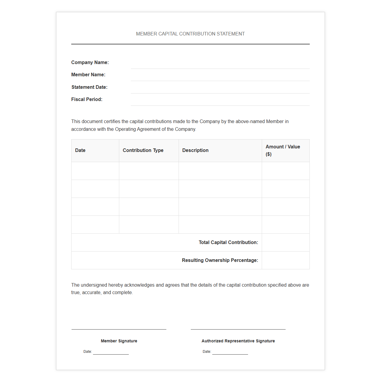Member Capital Contribution Statement Document