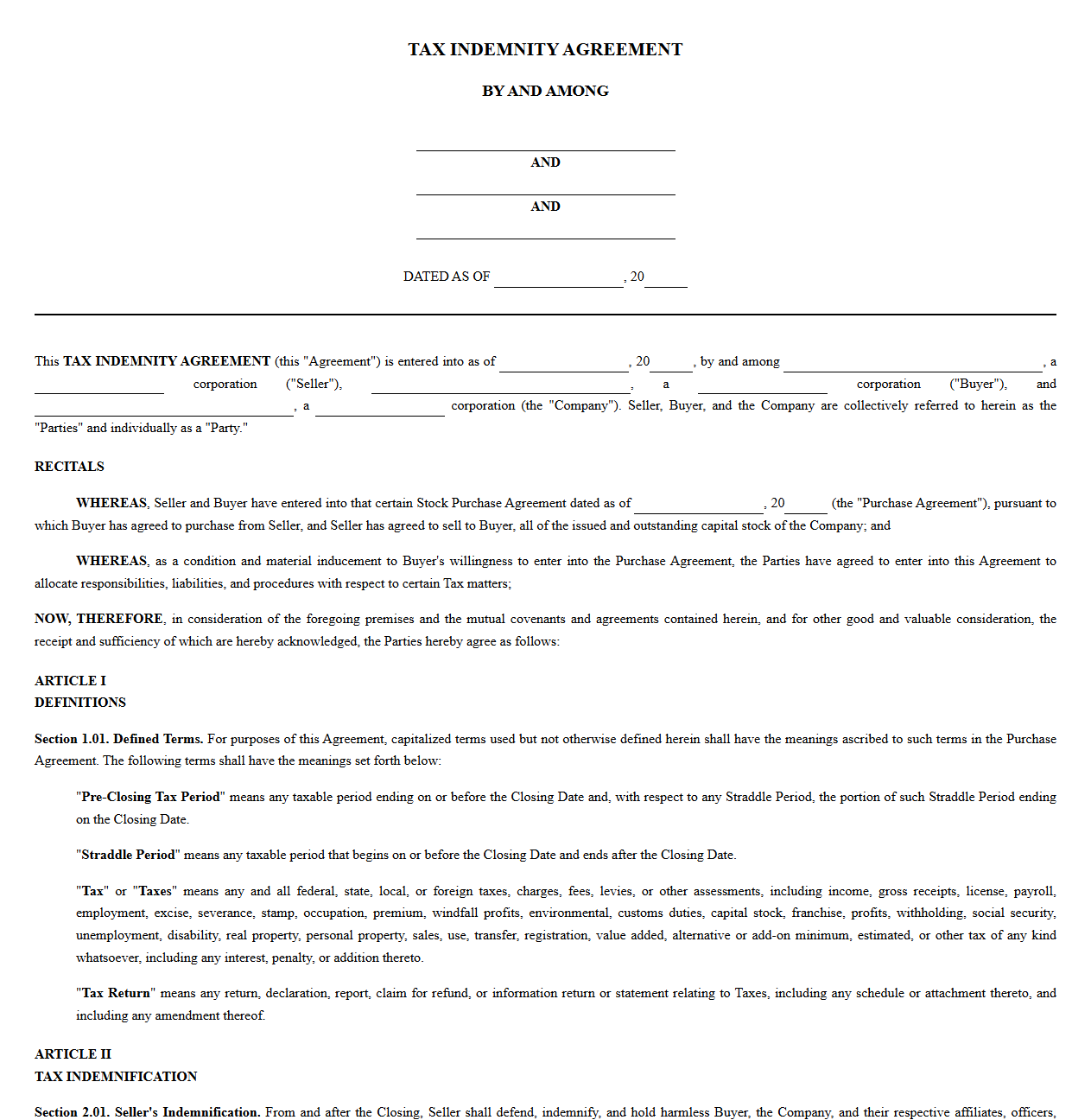 Mergers and Acquisitions Tax Indemnity Agreement