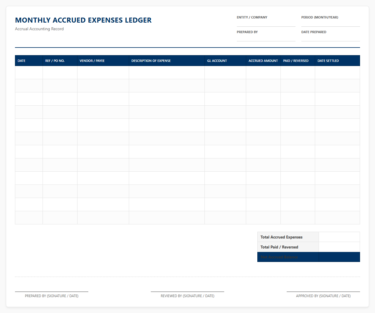 Monthly Accrued Expenses Ledger Template