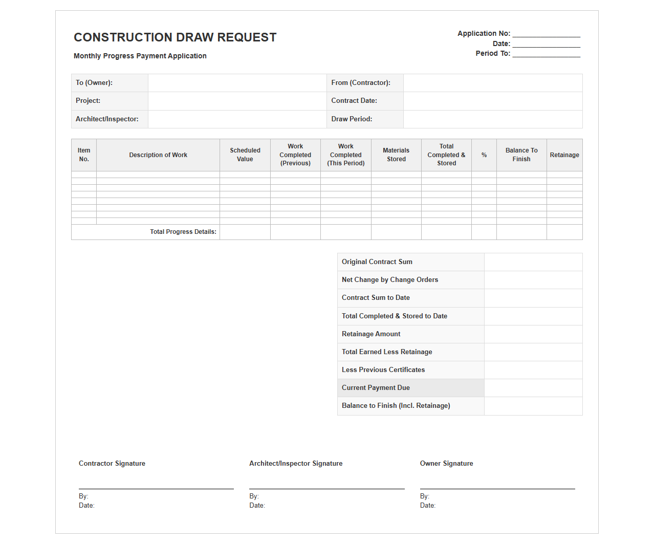 Monthly Construction Draw Request Template