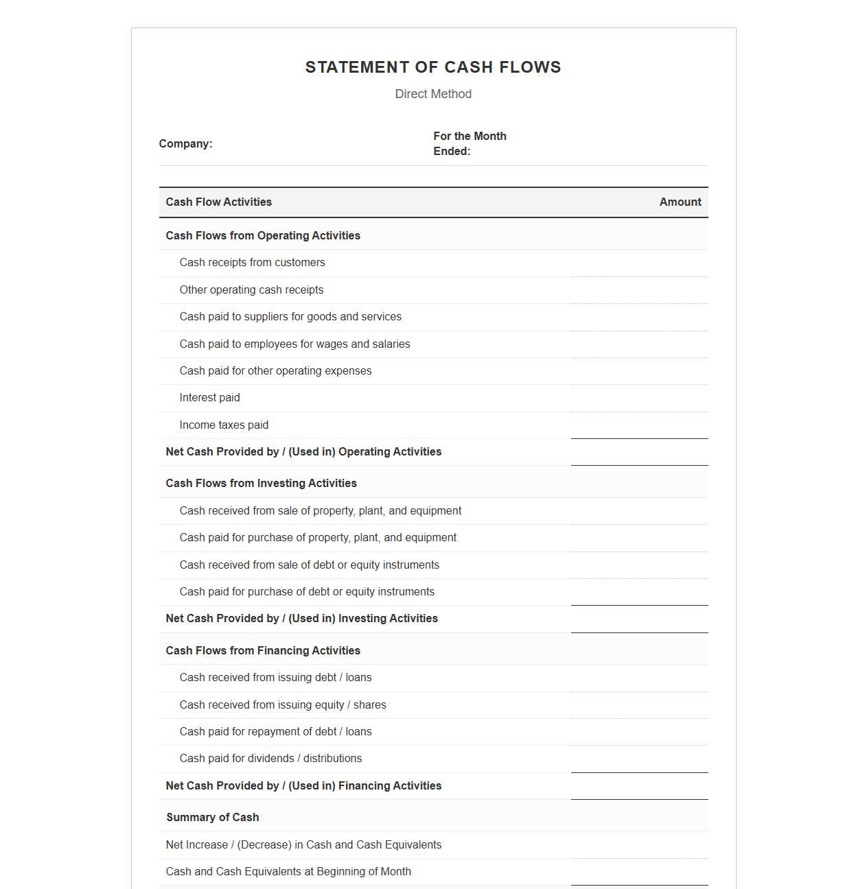 Monthly Direct Cash Flow Statement Template