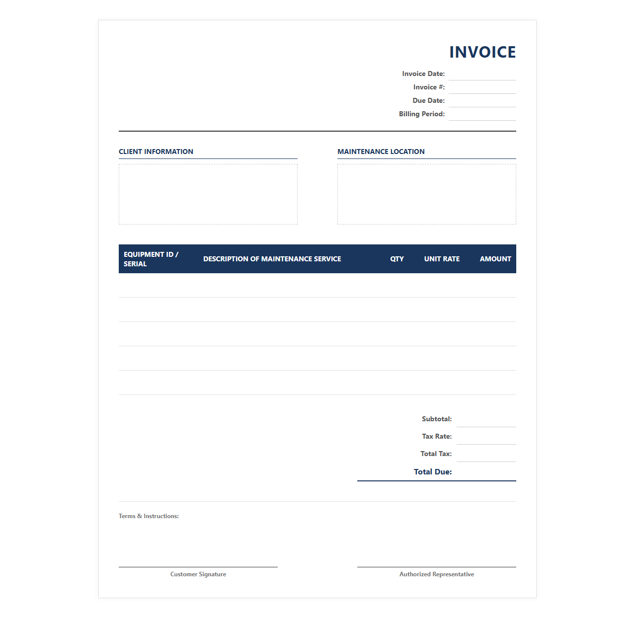 Monthly Equipment Maintenance Invoice Template