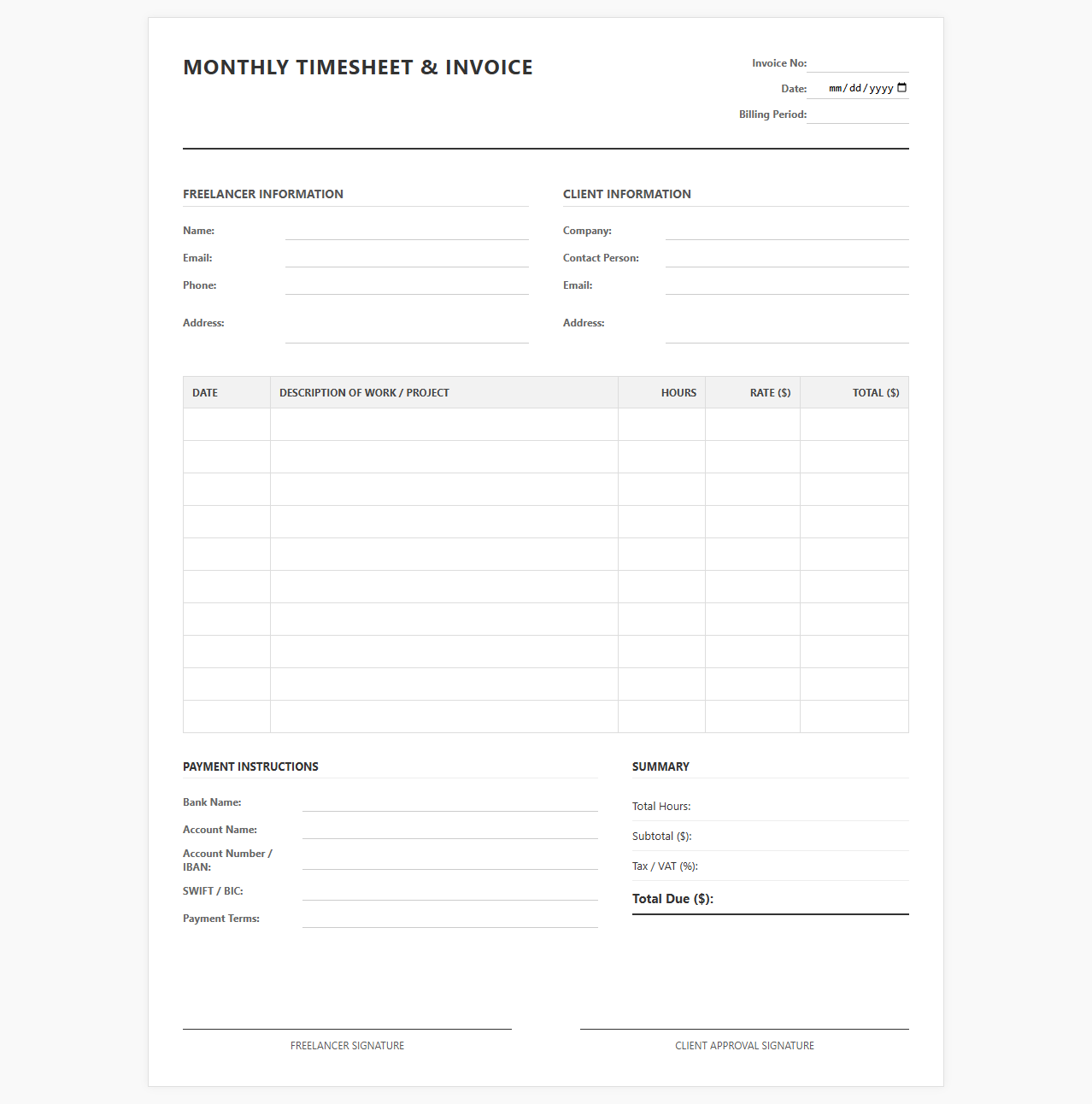Monthly Freelancer Timesheet and Invoice Payroll Template