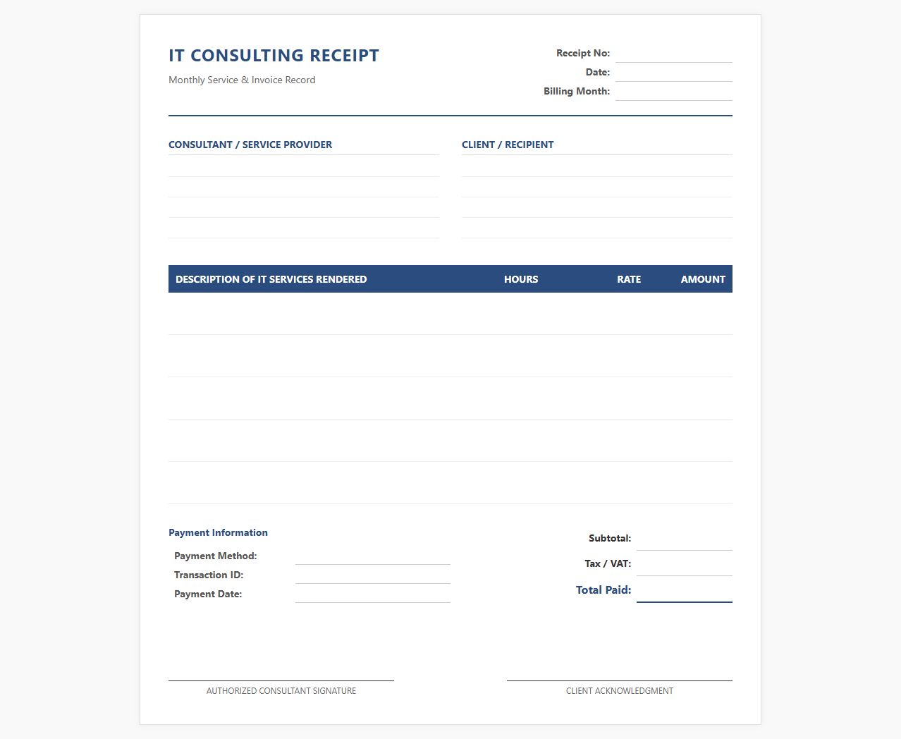 Monthly IT Consulting Invoice Receipt Template