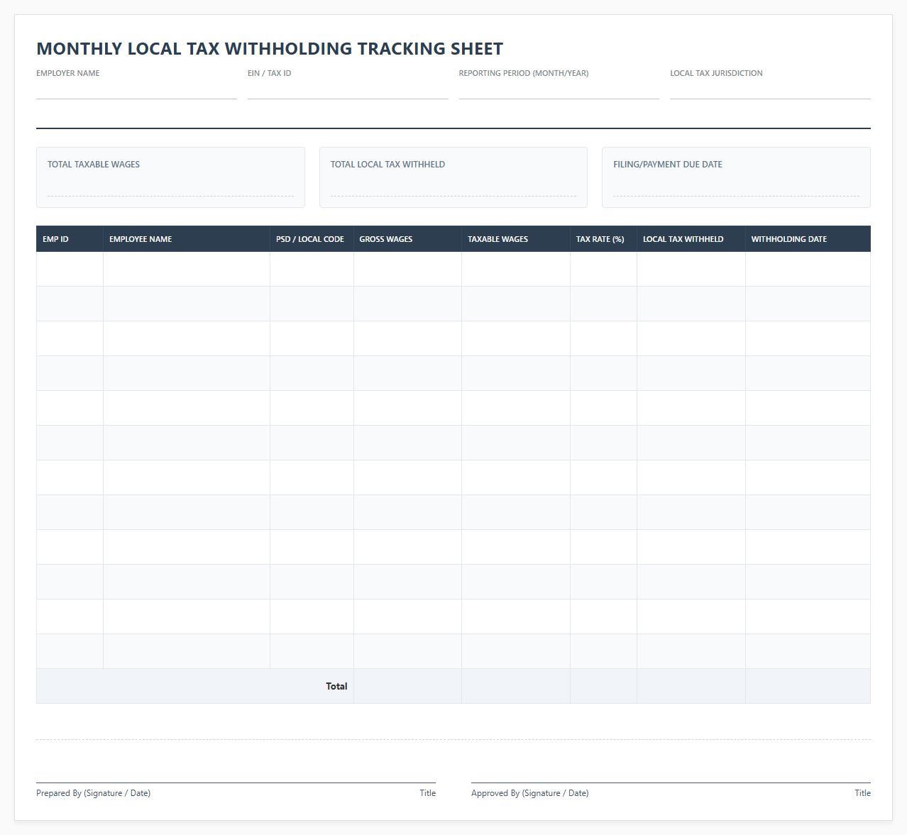 Monthly Local Tax Withholding Tracking Sheet