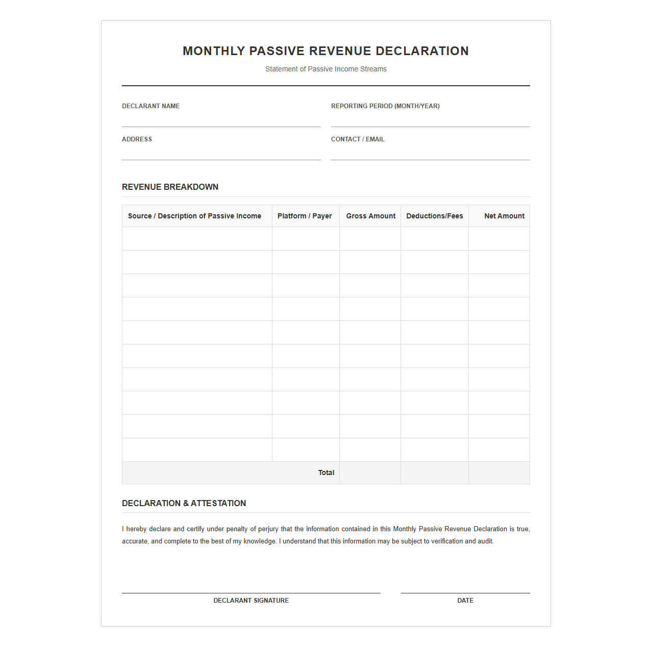 Monthly Passive Revenue Declaration Template