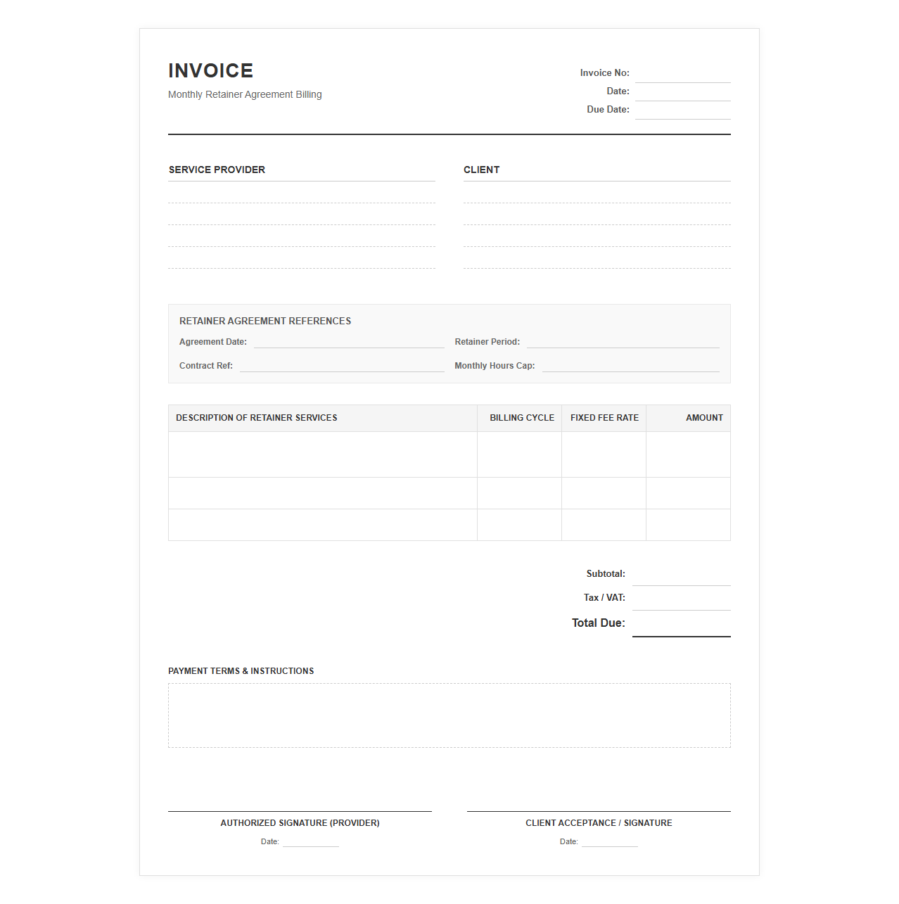 Monthly Retainer Agreement Invoice Document