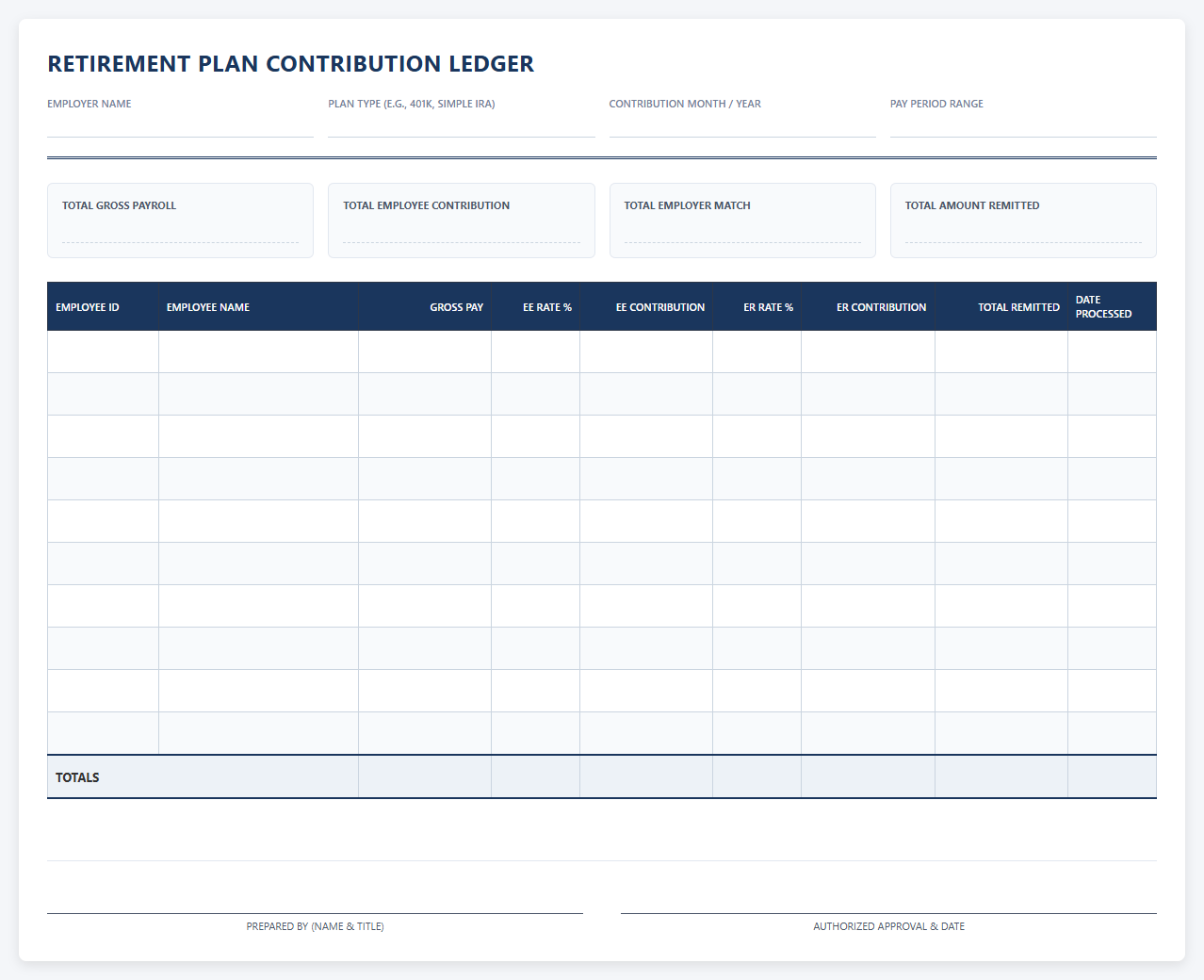 Monthly Retirement Plan Contribution Tracking Ledger