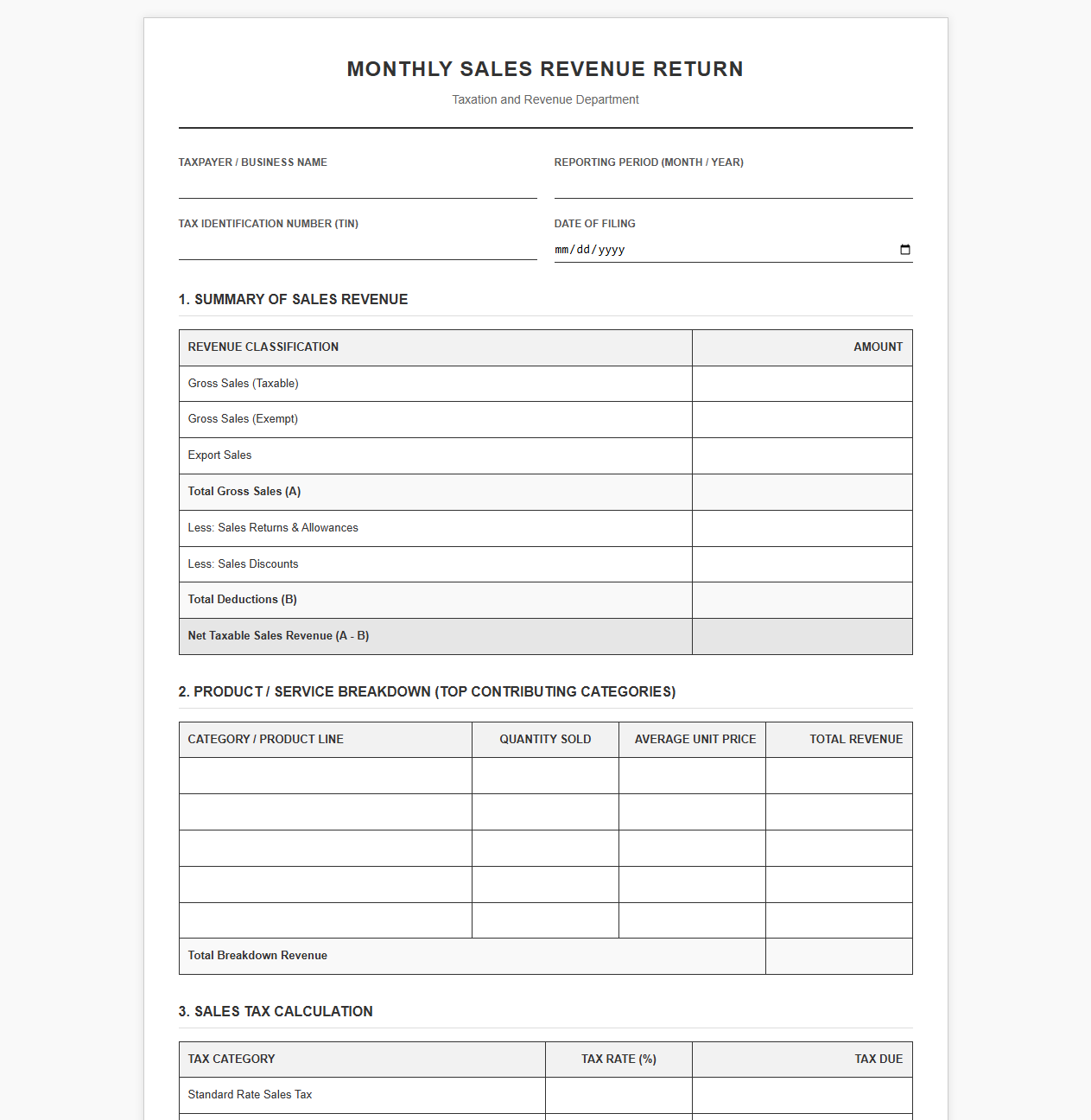 Monthly Sales Revenue Return Template