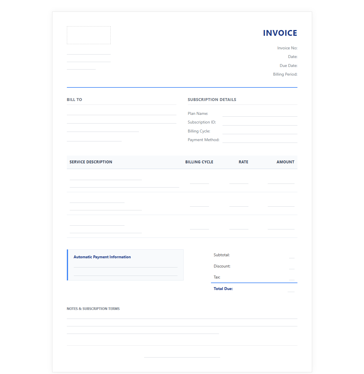 Monthly Subscription Service Invoice Template
