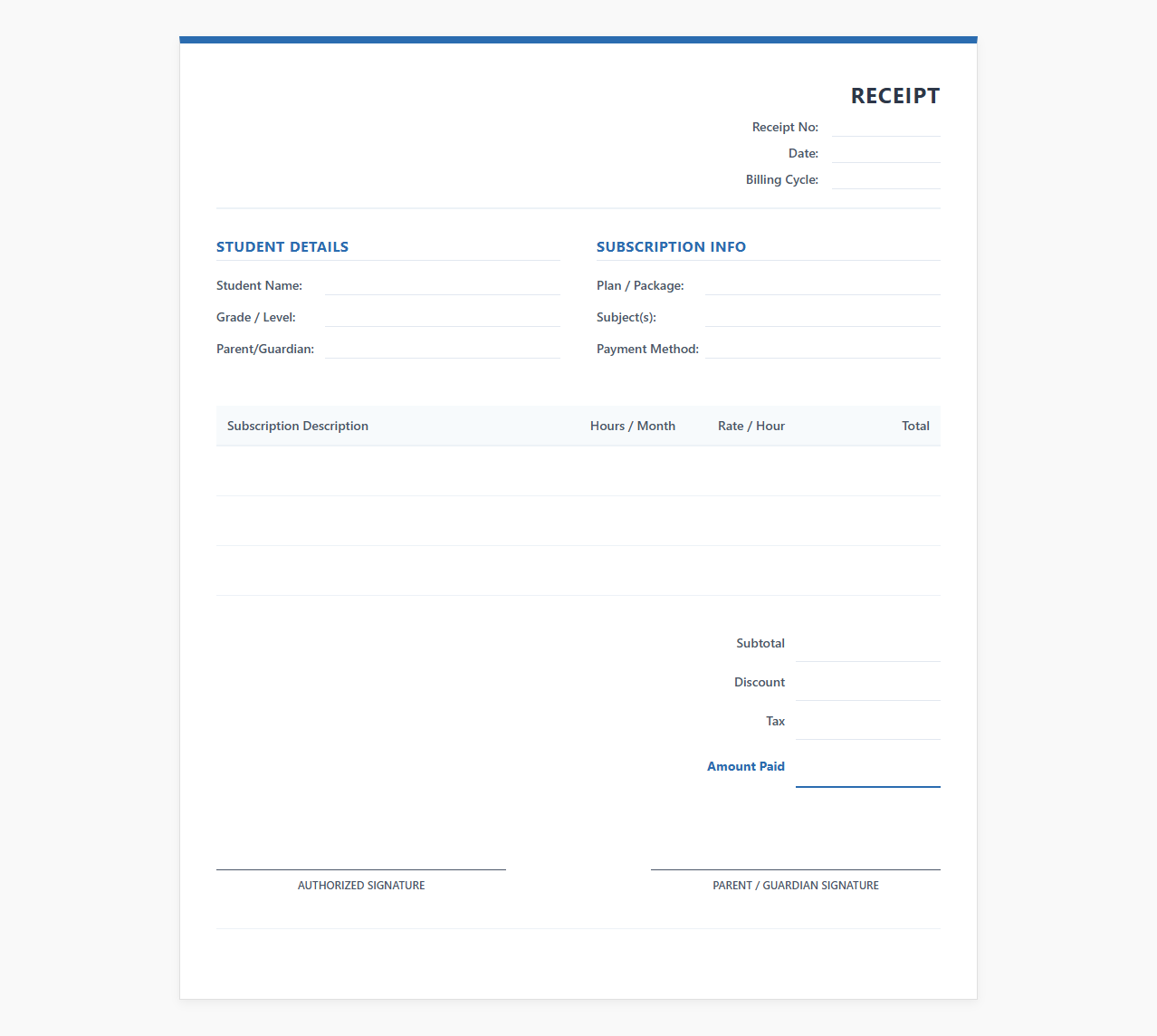 Monthly Tutoring Subscription Receipt Template
