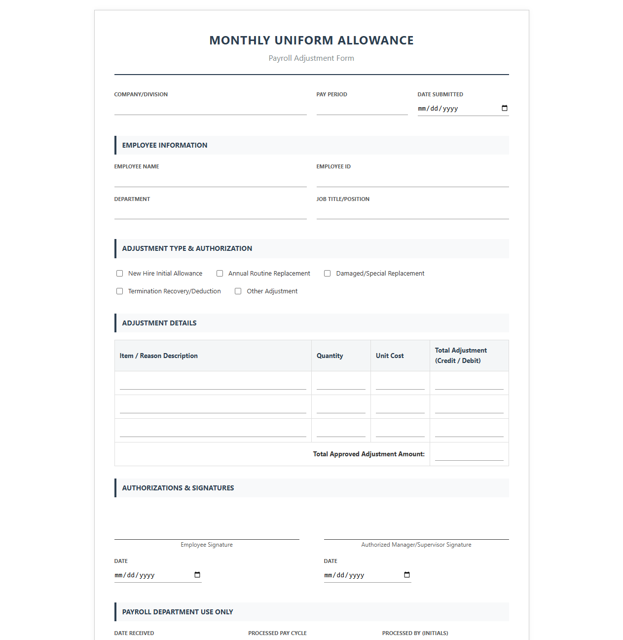 Monthly Uniform Allowance Payroll Adjustment Form