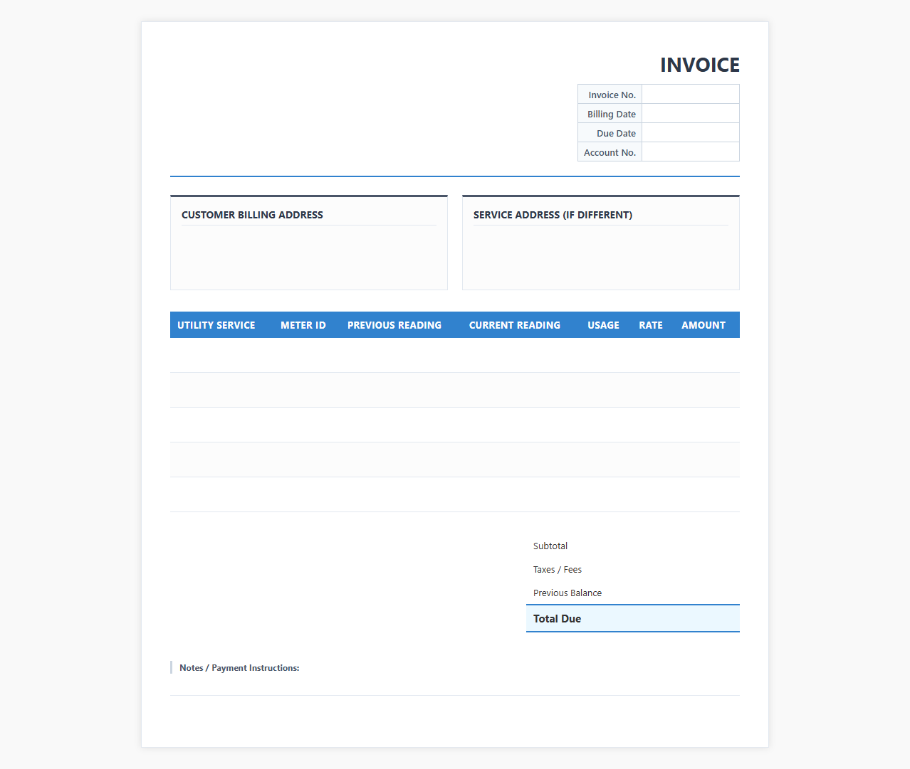 Monthly Utility Charges Invoice Template
