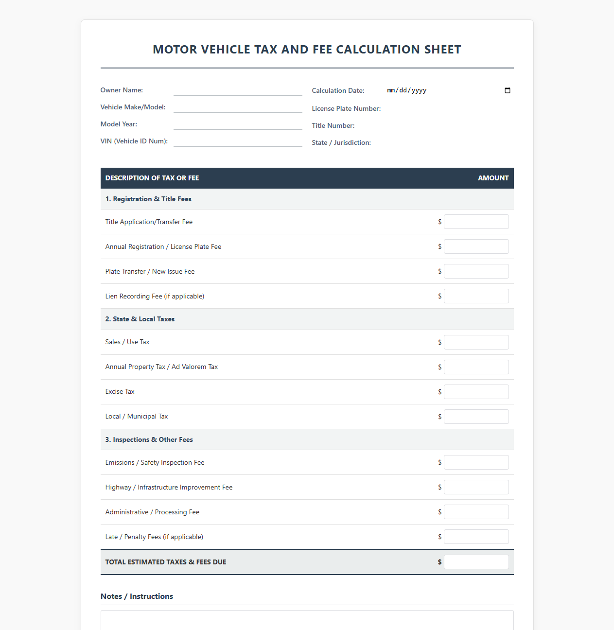 Motor Vehicle Tax and Fee Calculation Sheet