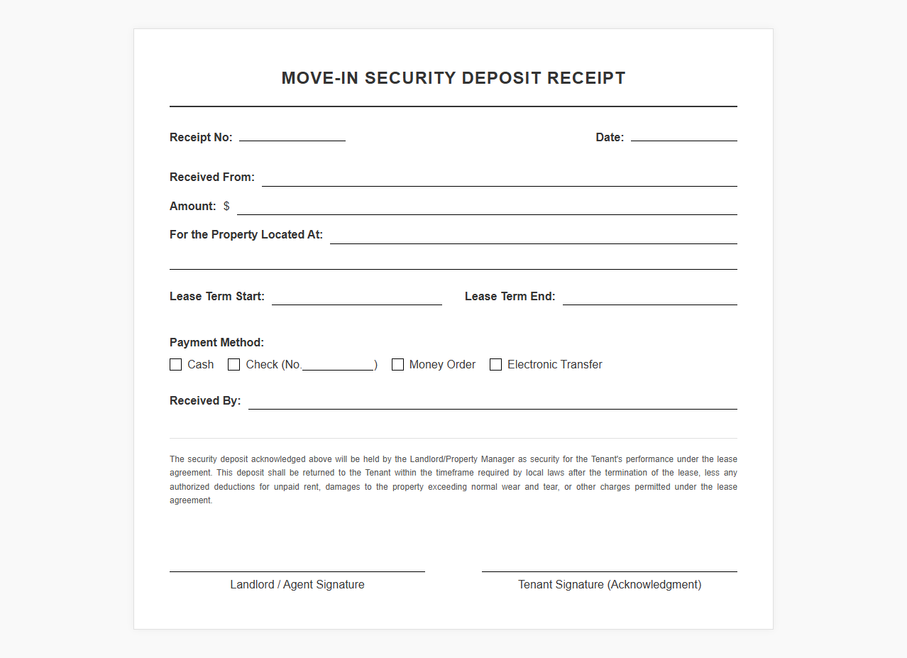 Move-In Security Deposit Receipt Document