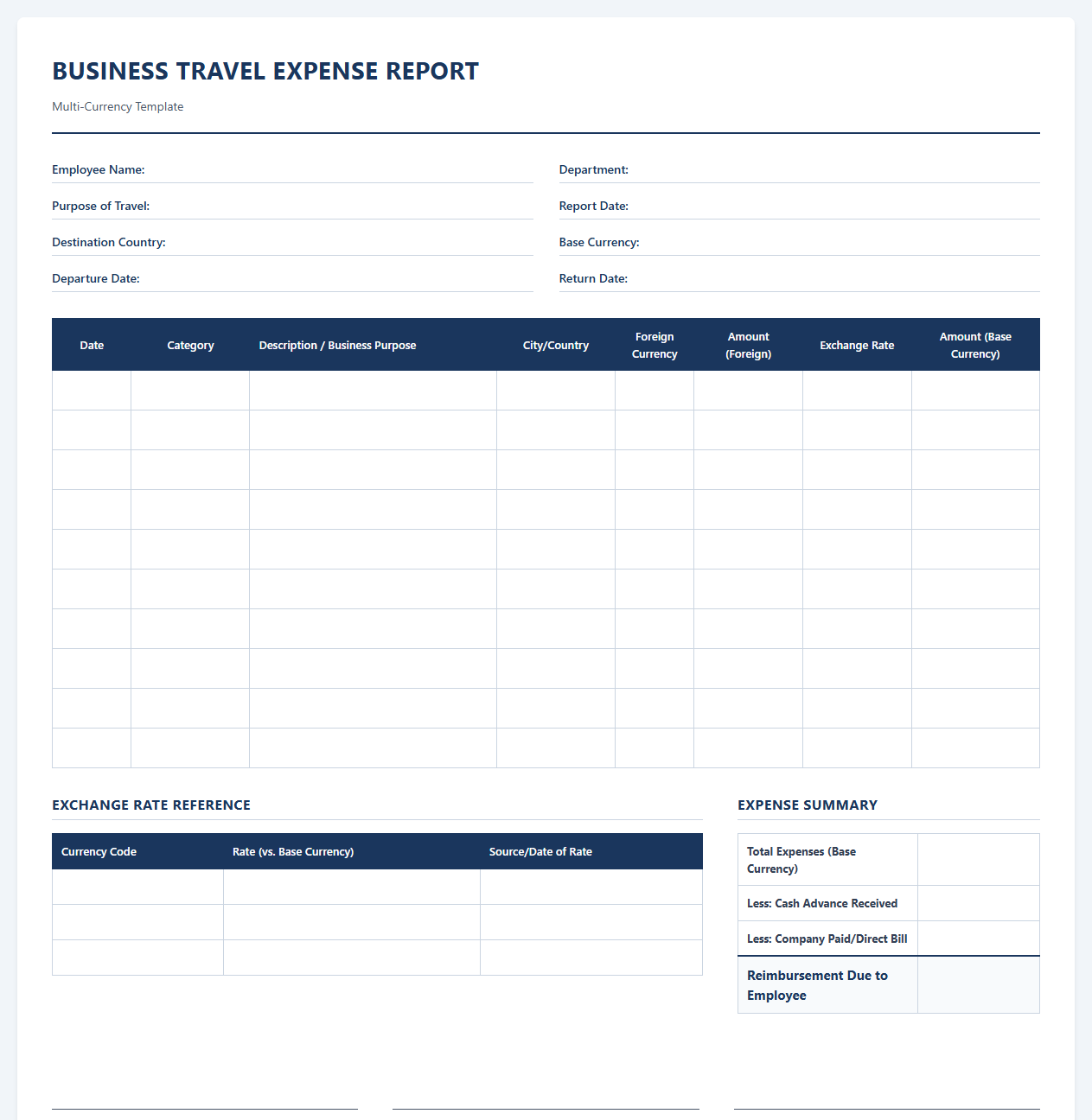 Multi-Currency Business Travel Expense Template