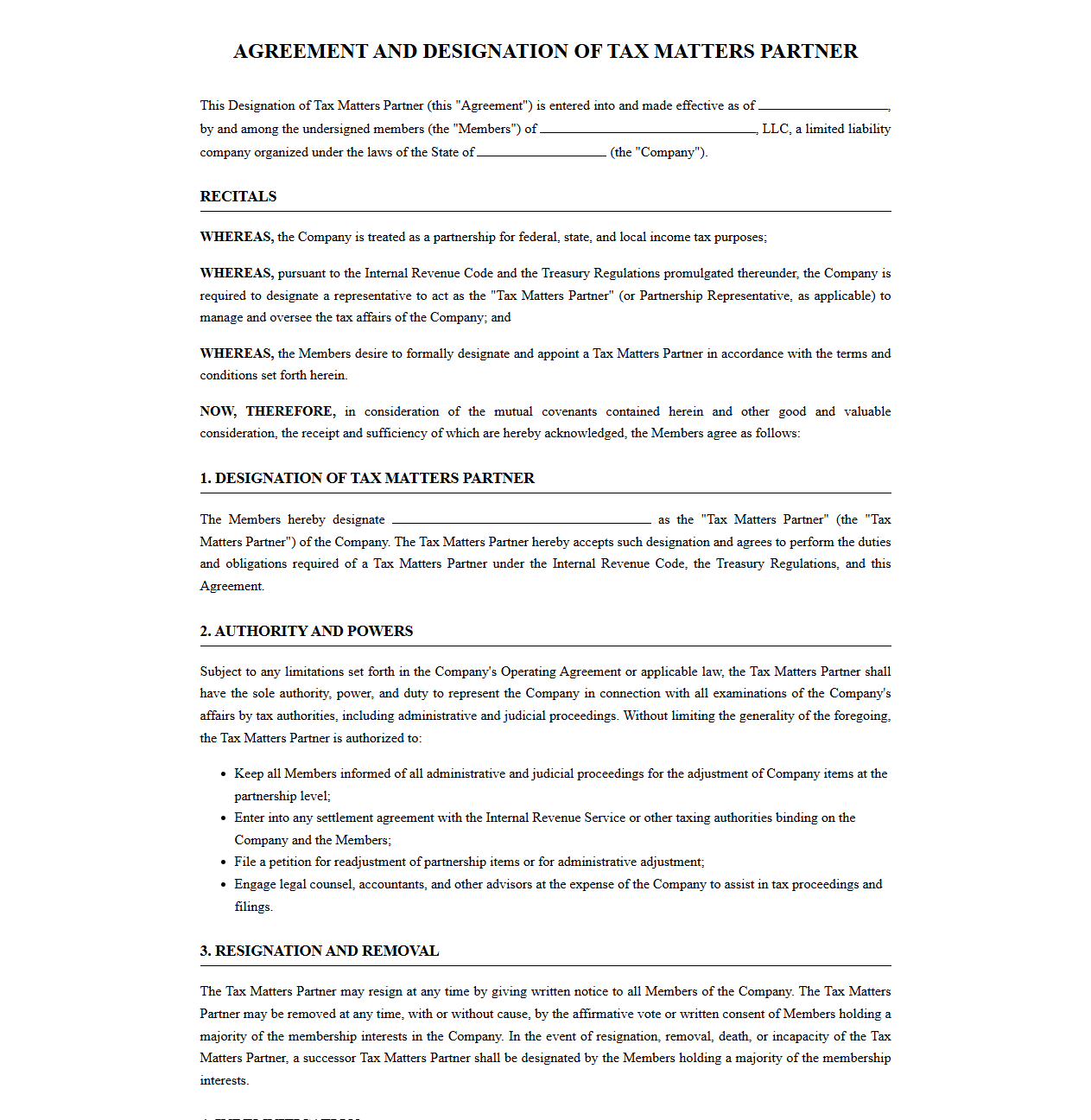 Multi-Member LLC Tax Matters Partner Designation Template