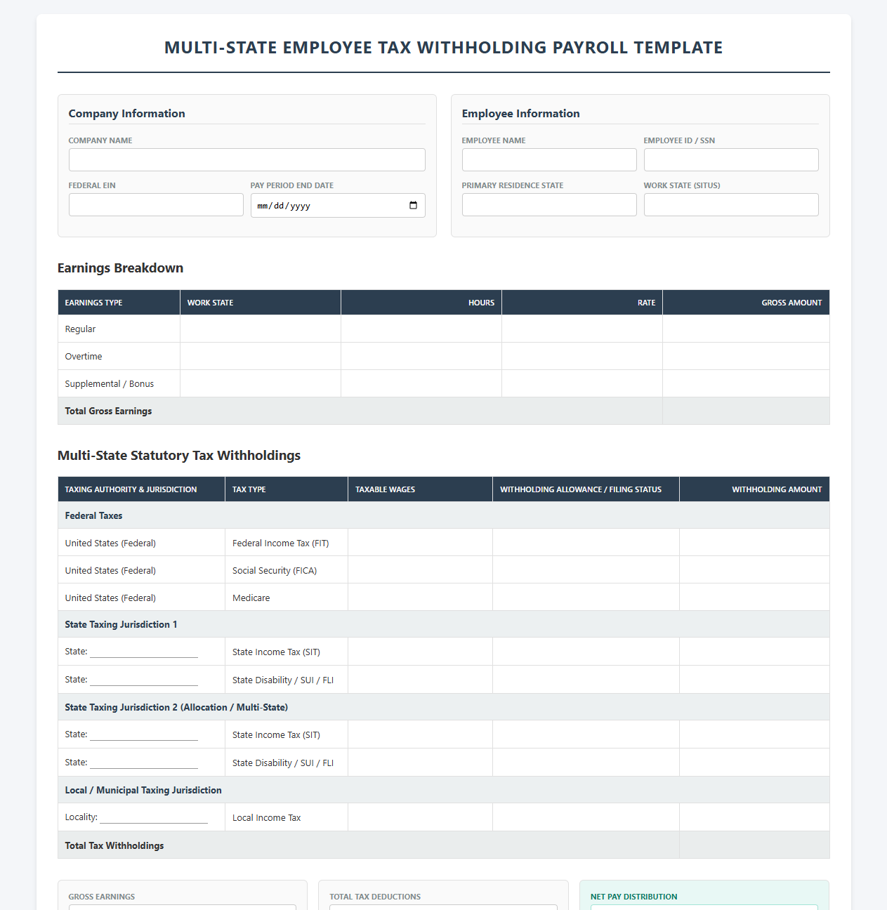 Multi-State Employee Tax Withholding Payroll Template