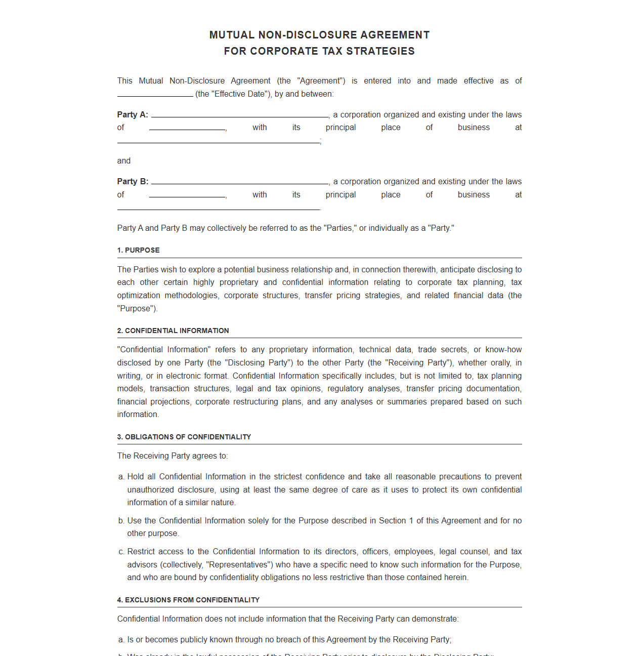 Mutual Non-Disclosure Agreement for Corporate Tax Strategies