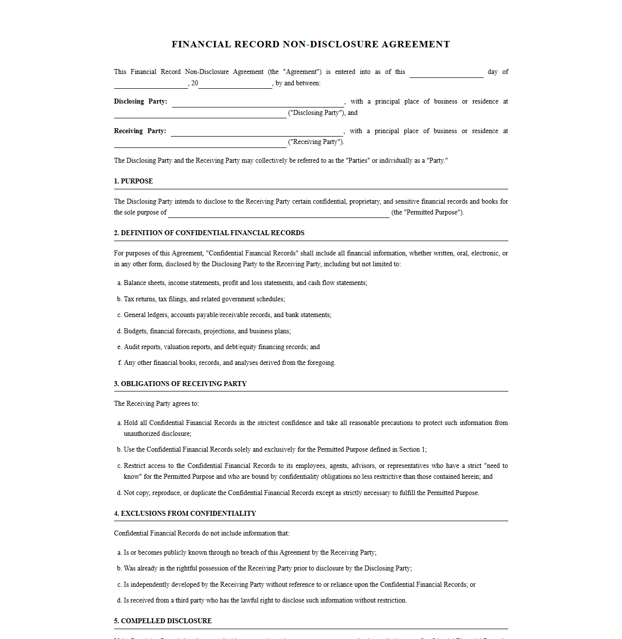 NDA Template for Financial Records and Books