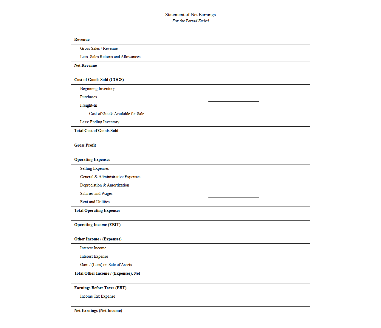 Net Earnings Statement Template