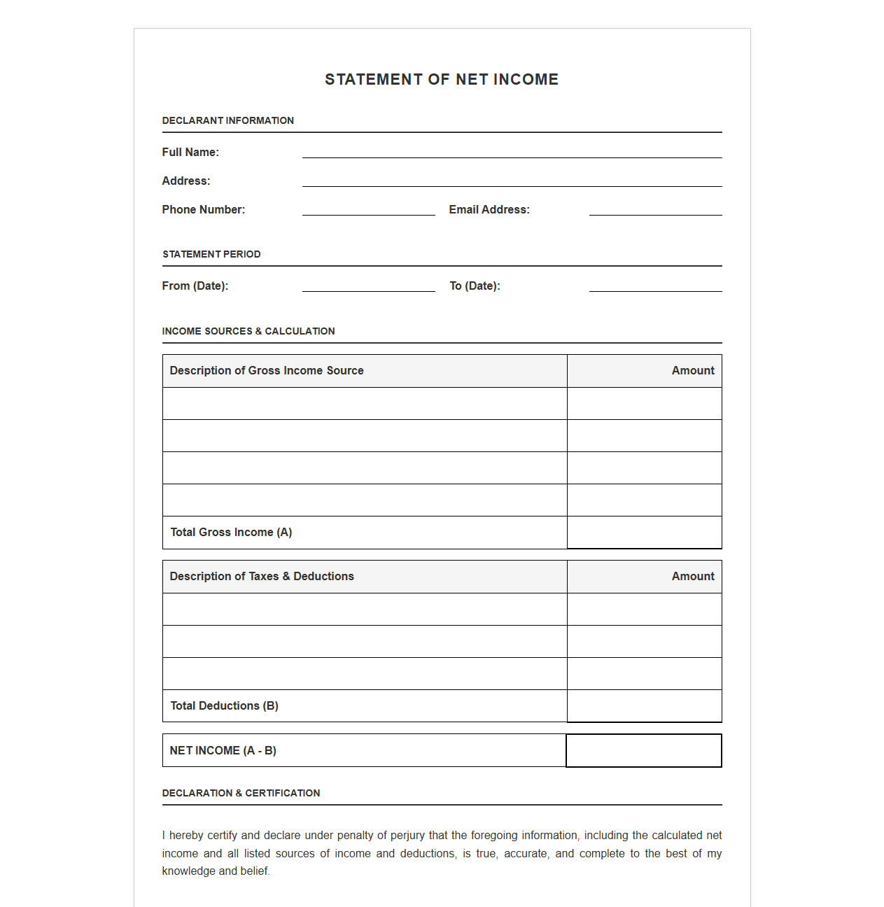 Net Income Declaration Template