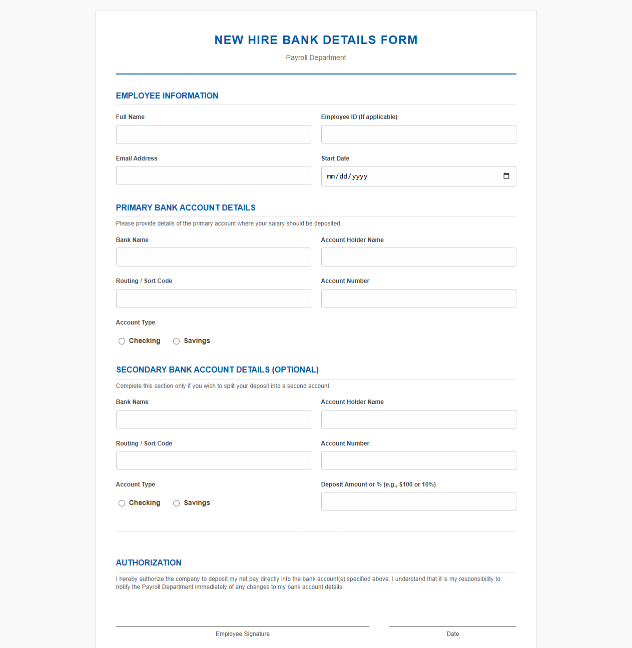 New Hire Bank Details Form for Payroll