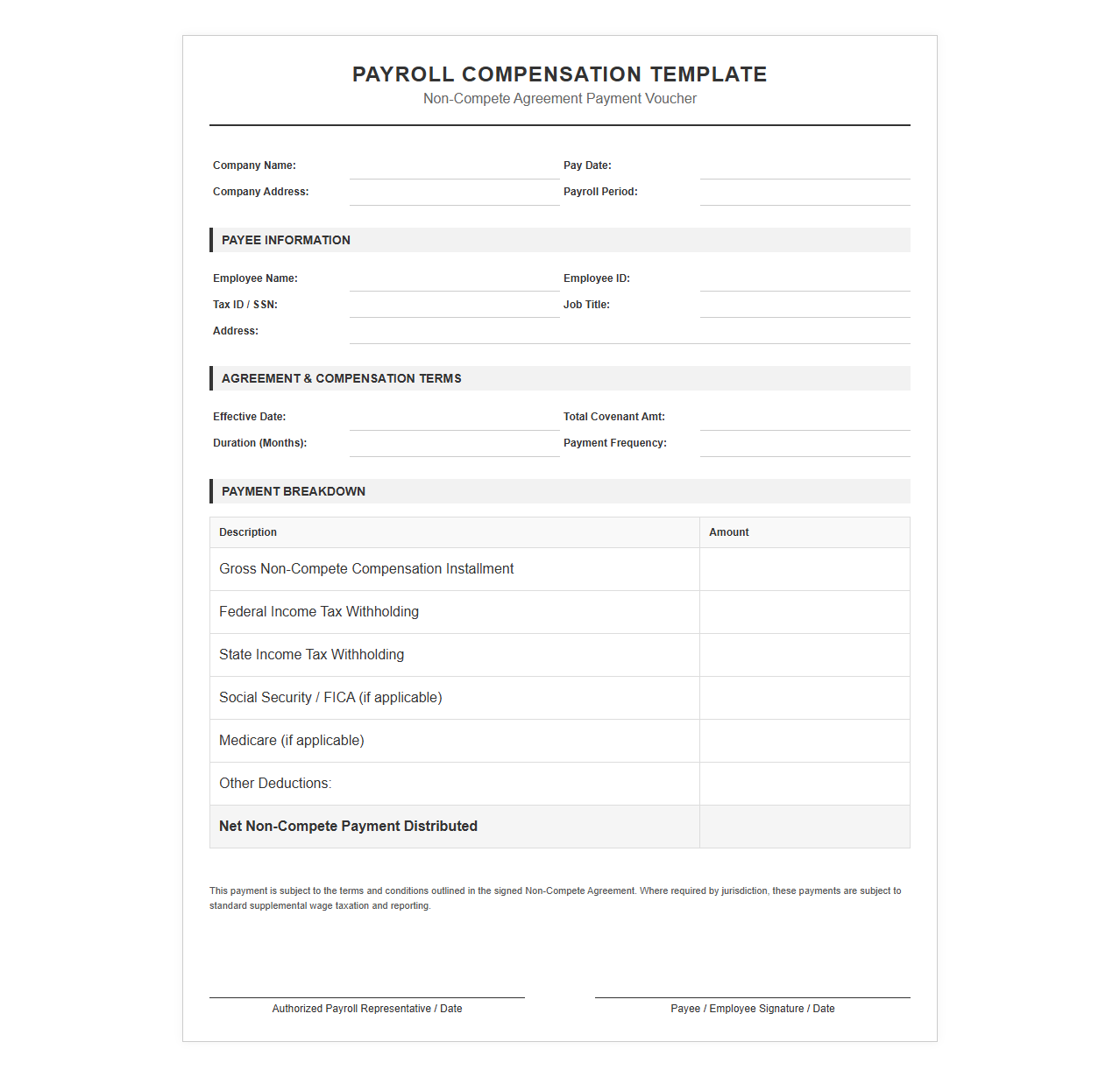 Non-Compete Payment Payroll Template