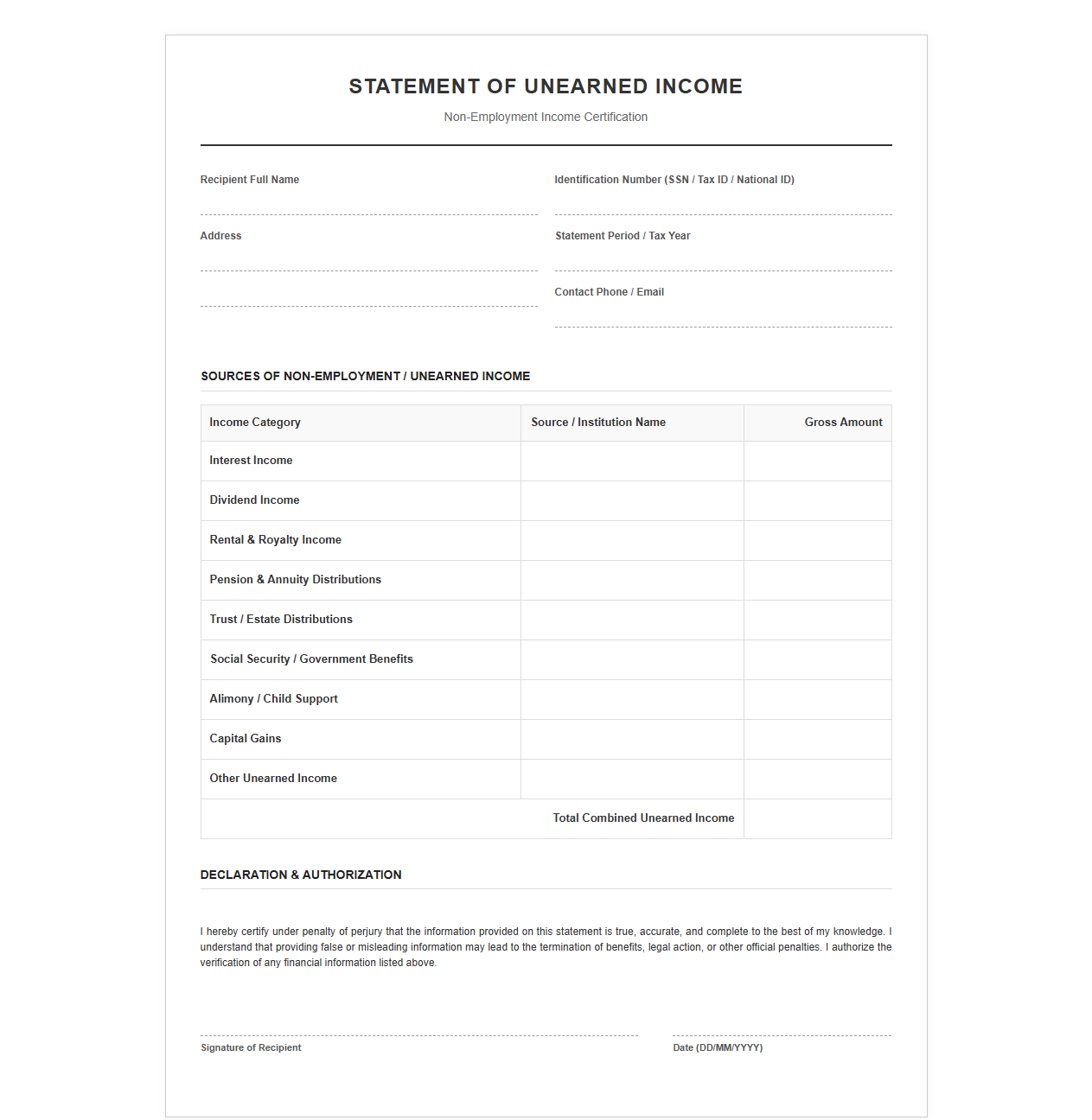 Non-Employment Income Statement Template