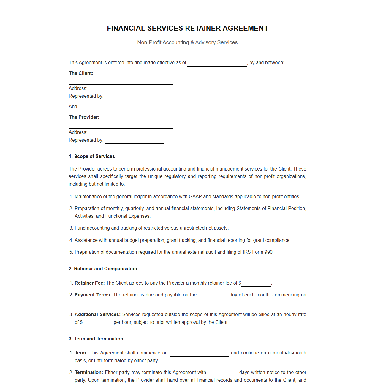 Non-Profit Financial Services Retainer Agreement