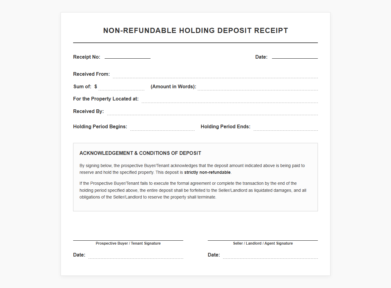Non-Refundable Holding Deposit Receipt Form
