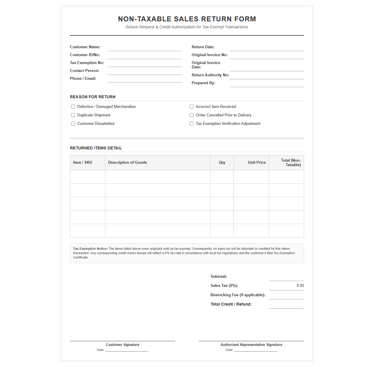 Non-Taxable Sales Return Form Template
