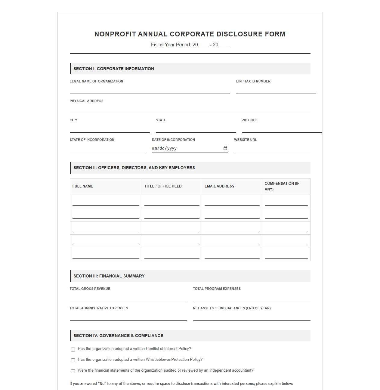 Nonprofit Annual Corporate Disclosure Form