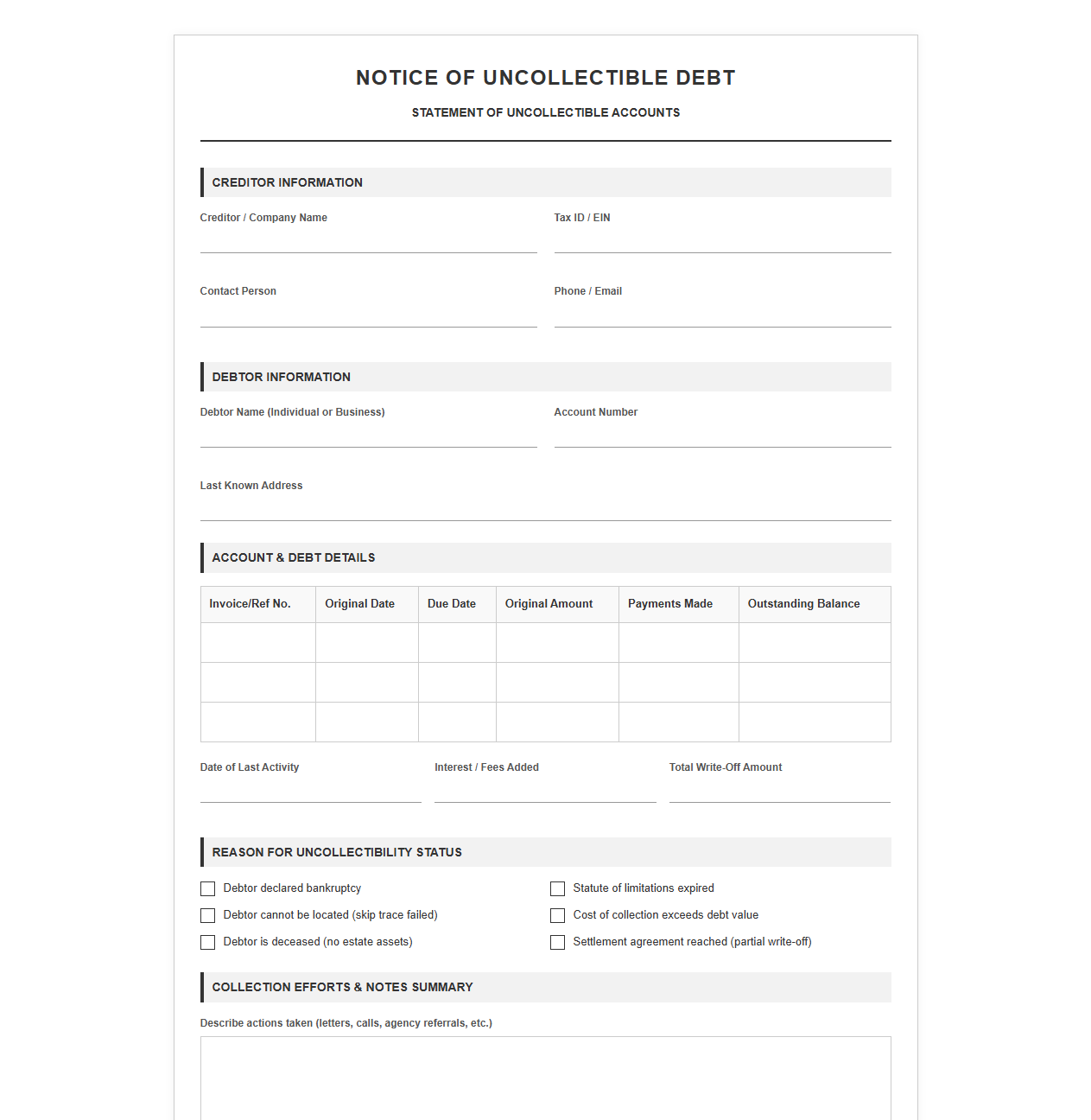 Notice of Uncollectible Debt Form