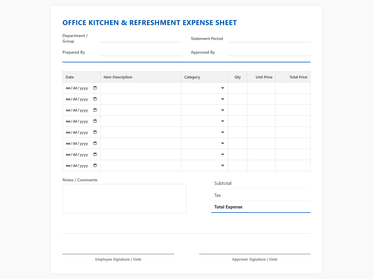 Office Kitchen and Refreshment Expense Sheet