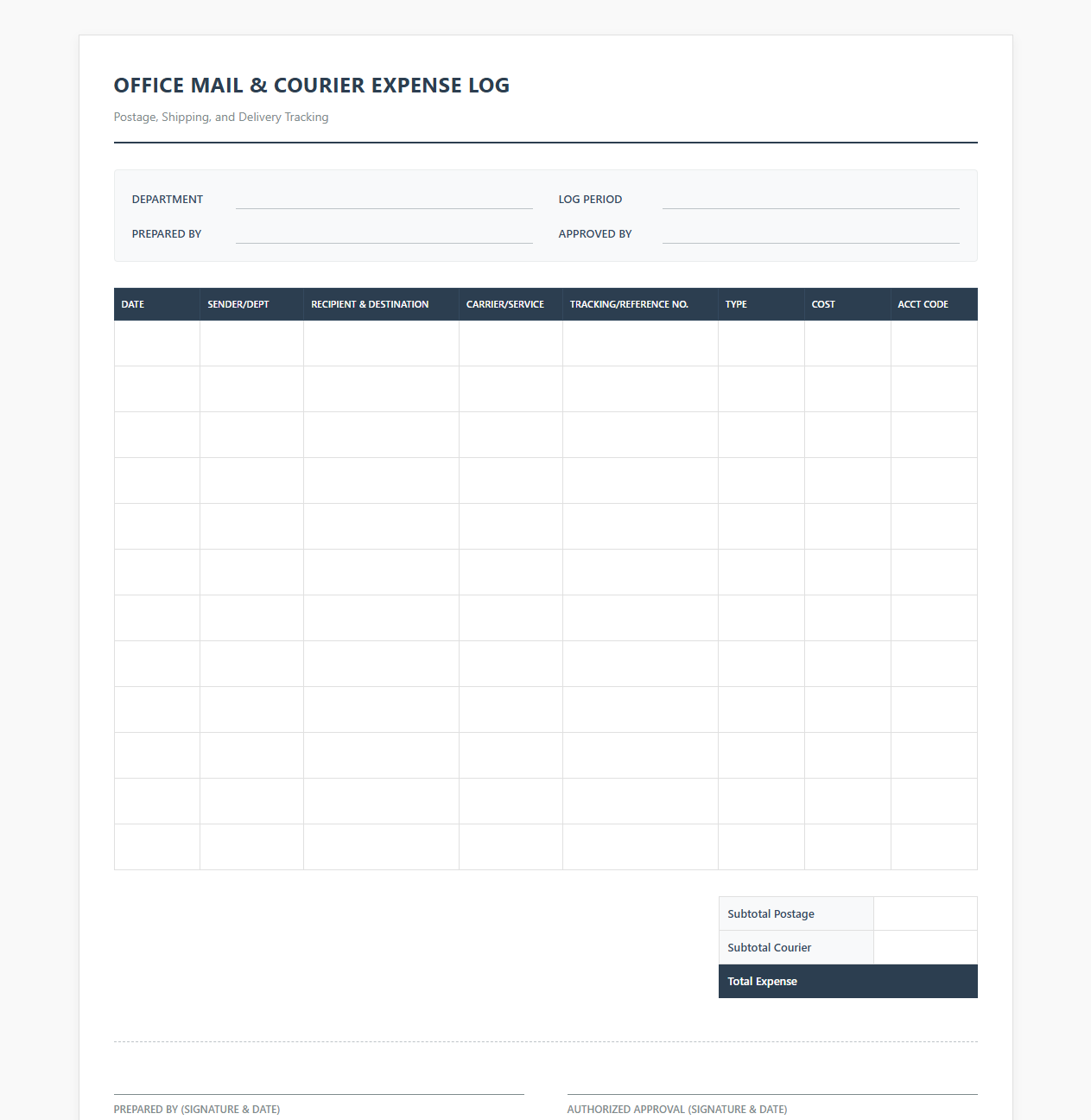 Office Mail and Courier Expense Log