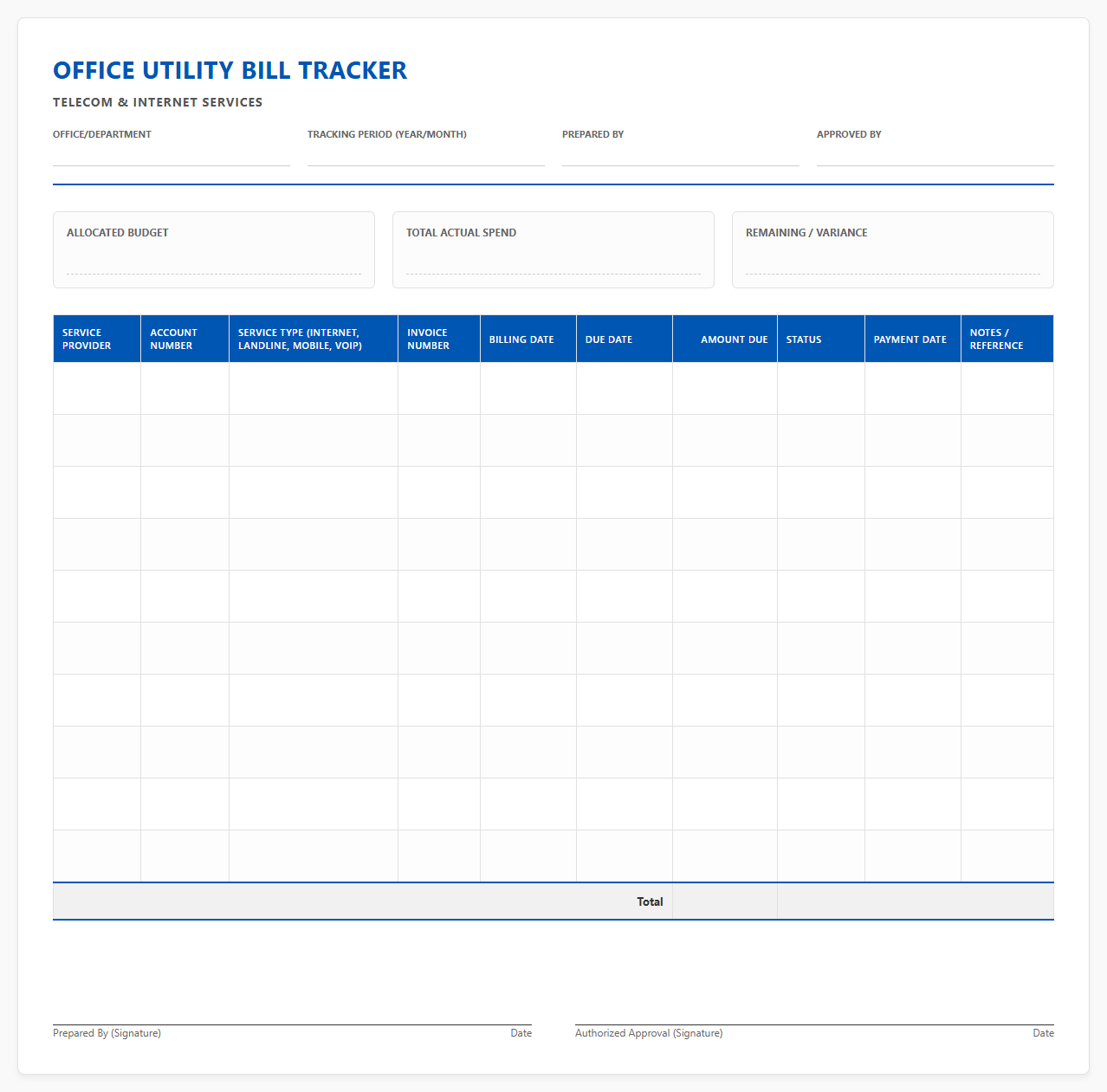Office Utility Bill Tracker for Telecom Services