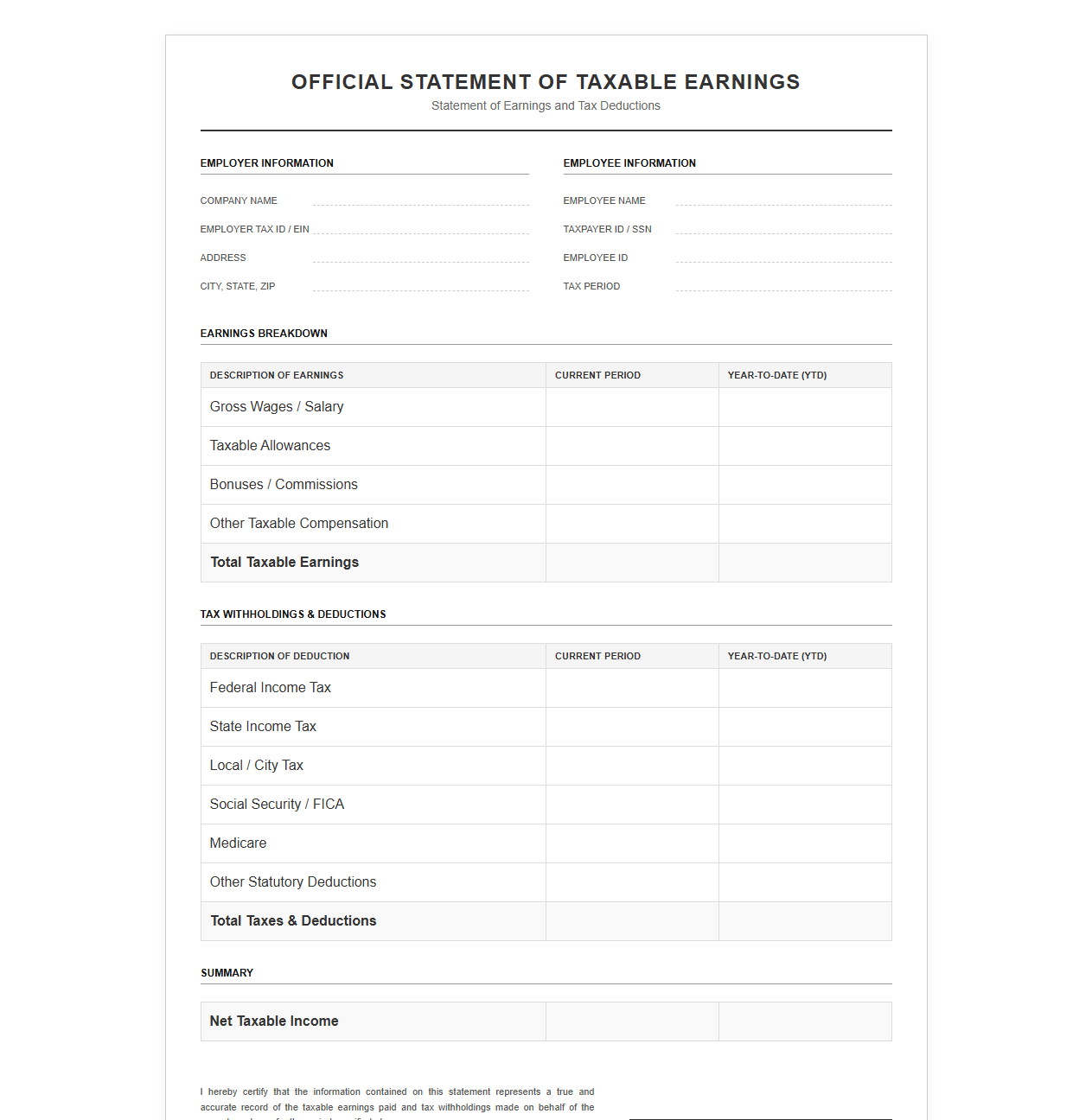 Official Statement of Taxable Earnings Template