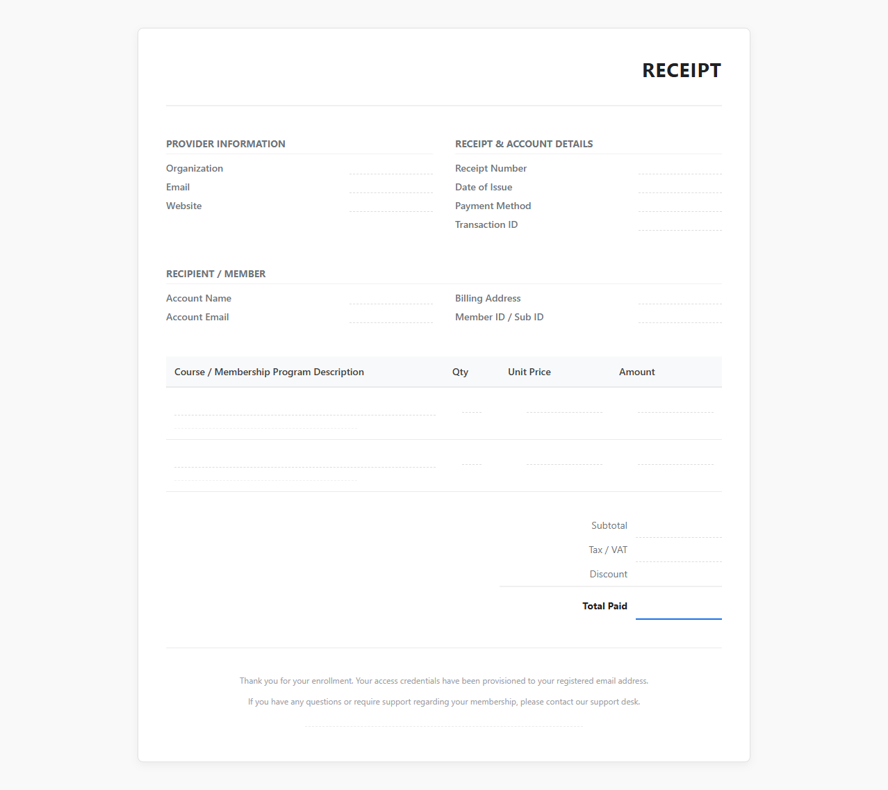 Online Course and Training Membership Receipt