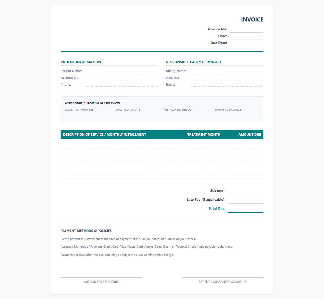 Orthodontic Treatment Monthly Payment Invoice