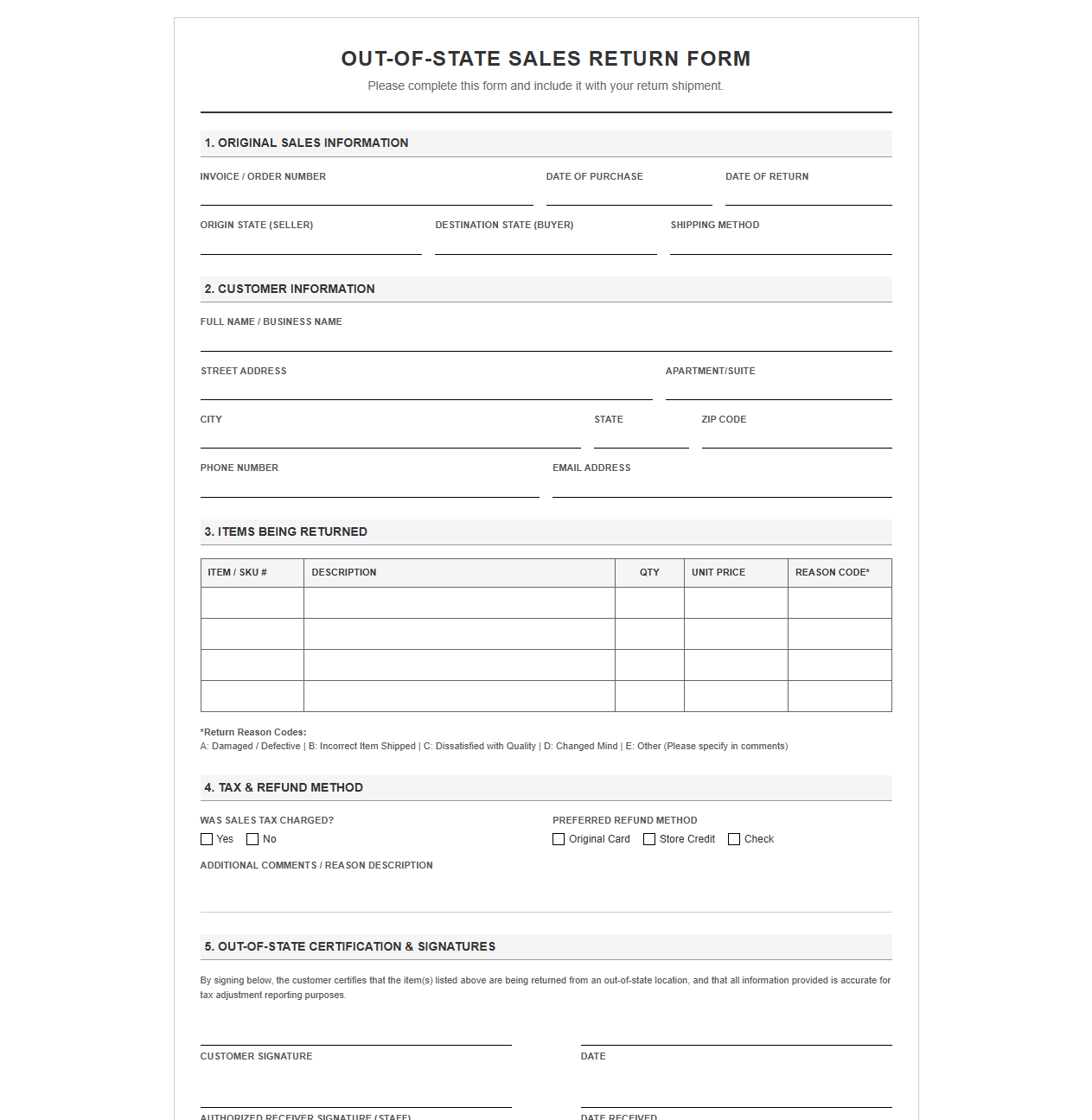 Out-of-State Sales Return Form