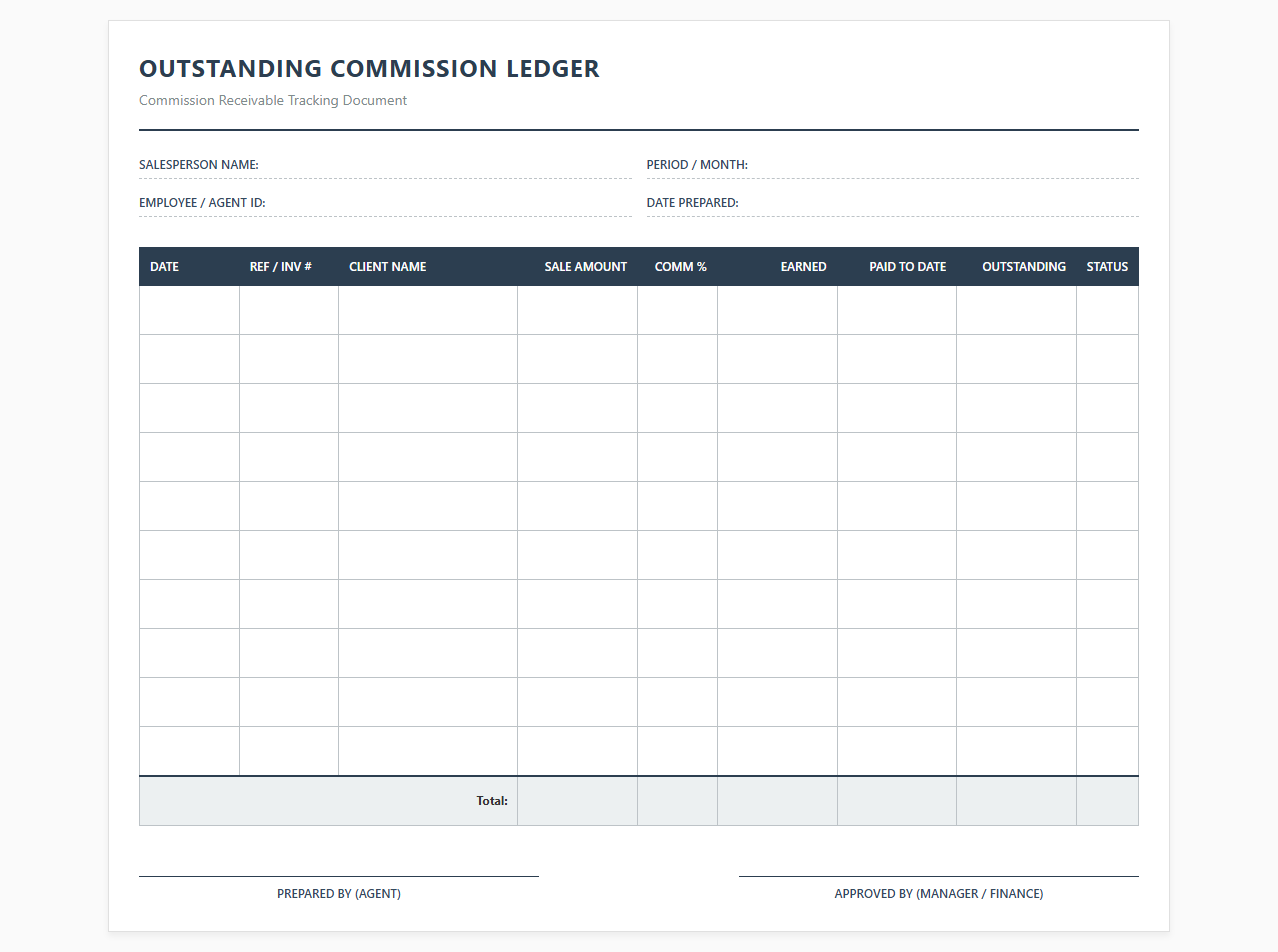 Outstanding Commission Ledger Template